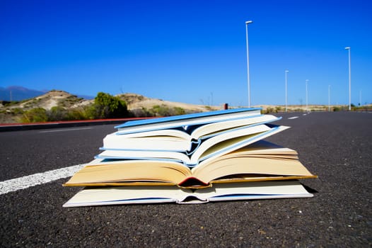 On the Road Literature Concept Books over Asphalt