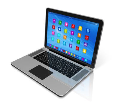 3D Laptop Computer - apps icons interface - isolated on white with clipping path