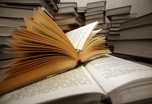 Many old books combined by a heap