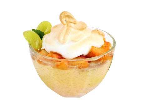 A glass bowl of rice pudding with fruit on a white background 