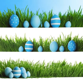 Collection of decorated easter eggs in grass with copy space