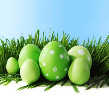 Painted Easter eggs hidden in the grass, isolated on white with copy space