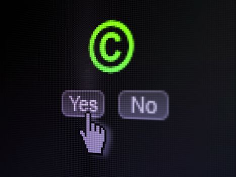 Law concept: buttons yes and no with pixelated Copyright icon and Hand cursor on digital computer screen, selected focus 3d render