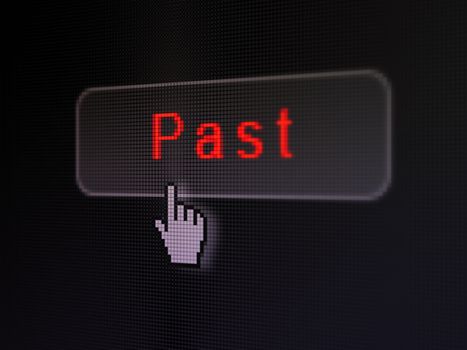 Time concept: pixelated words Past on button with Hand cursor on digital computer screen background, selected focus 3d render