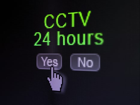 Protection concept: buttons yes and no with pixelated word CCTV 24 hours and Hand cursor on digital computer screen, selected focus 3d render