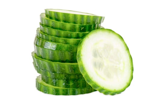 Stack of cucumber slices isolated on white background with clipping path