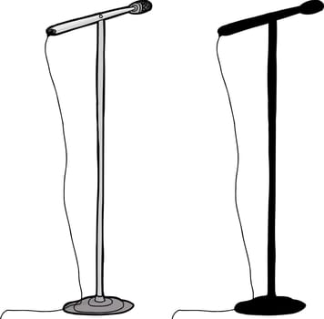 Cartoon and silhouette microphone stand over white background
