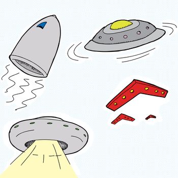 Set of cartoon unidentified flying objects and spaceships