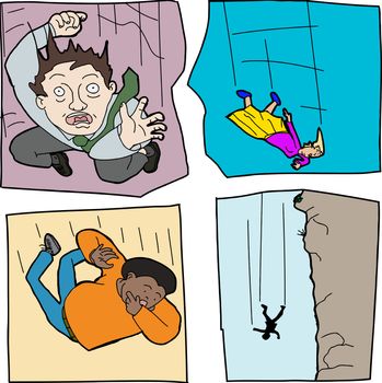 Cartoons of scared men and women falling down