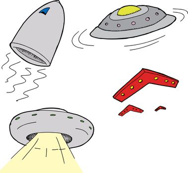 Unidentfied flying objects and spaceships on isolated background