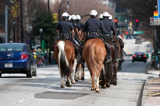 Atlanta, GA, USA - March 15, 2014:  The Atlanta police calvary patrols an area along Peachtree Street shortly before the start of the annual St. Patrick's Day parade.  
