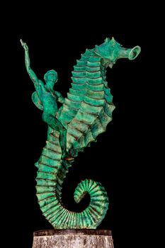Photo of the seahorse statue otherwise known as "Caballeo del Mar" in Puerto Vallarta Mexico. This statue is located on the boardwalk or Malecon and was created in 1976 by Rafel Zamarripa. This public statue is one of Puerto Vallarta's most famous landmarks.