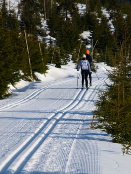 Two persons in cross country skiing track