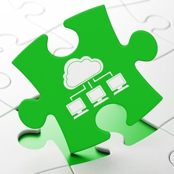 Cloud technology concept: Cloud Network on Green puzzle pieces background, 3d render