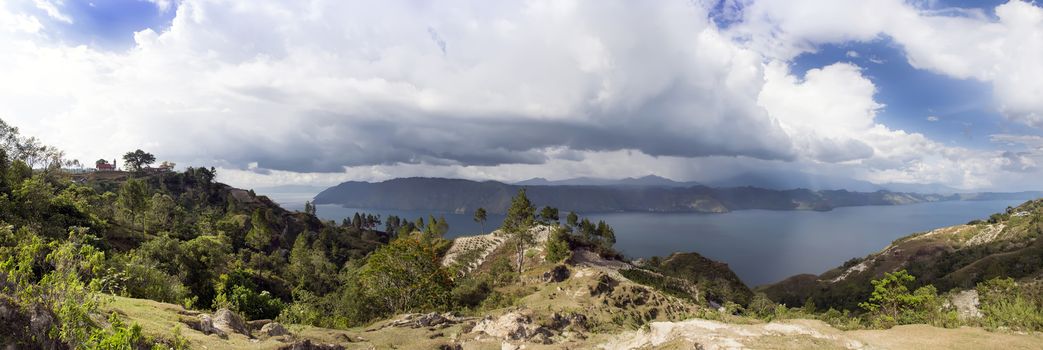 Lake Toba Panorama with Church. Samosir Island on North Sumatra, Indonesia.