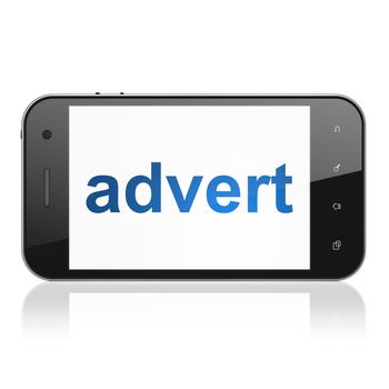 Advertising concept: smartphone with text Advert on display. Mobile smart phone on White background, cell phone 3d render