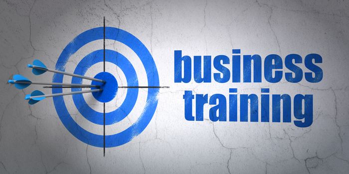 Success Education concept: arrows hitting the center of target, Blue Business Training on wall background, 3d render