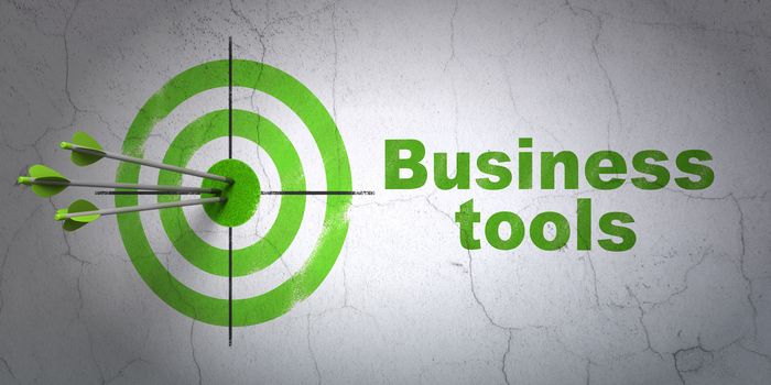 Success business concept: arrows hitting the center of target, Green Business Tools on wall background, 3d render