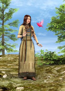 3D digital render of a beautiful native American woman with a pink bird in a green forest