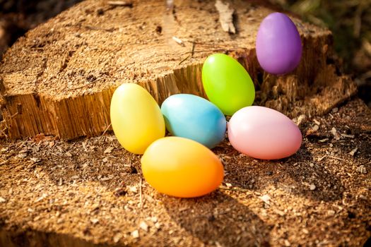 Shot of colorful easter eggs on wooden stump