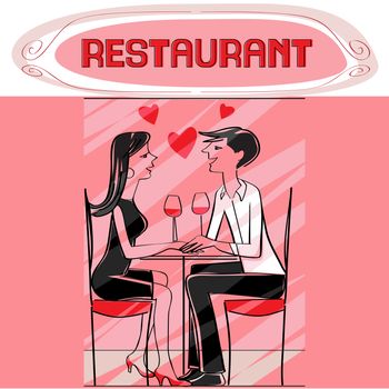 Hand drawn illustration of two lovers dining at the restaurant, talking and drinking wine, pink Valentine's Day card