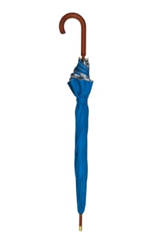 blue umbrella isolated on a white background with a brown wood handle.