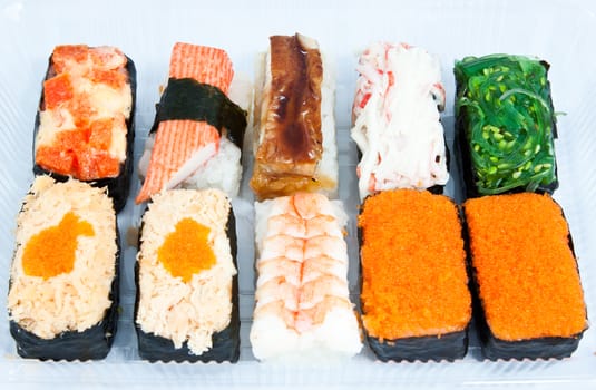Traditional Japanese food Sushi in plastic box