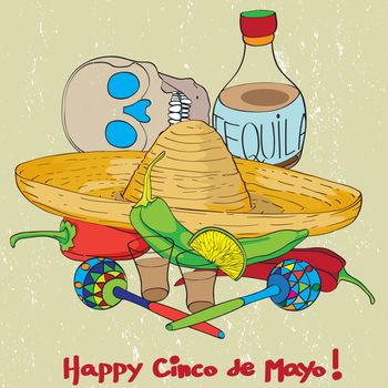 Cinco de mayo hand drawn cartoon illustration of a greeting card composition with mexican traditional elements oven a grungy background