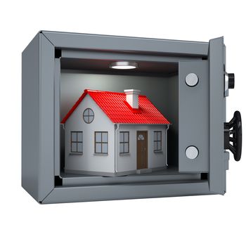 Small house in an open metal safe. House illuminated lamp. Isolated render on a white background