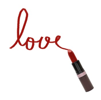 close up of lipstick with word love on white background