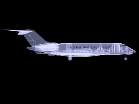 Small commercial plane with internal equipment. X-ray image. Isolated render on a black background