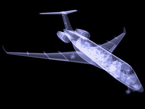 Small commercial plane with internal equipment. X-ray image. Isolated render on a black background