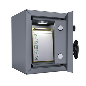 Checklist in an open metal safe. Checklist illuminated lamp. Isolated render on a white background