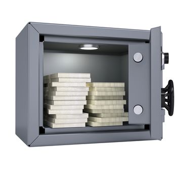 Wads of cash in an open metal safe. Isolated render on a white background