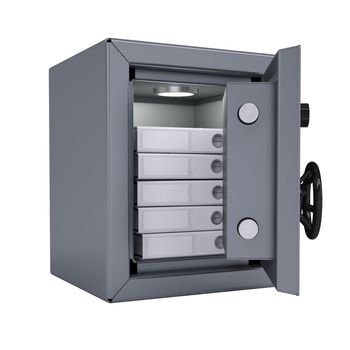 Office folders in an open metal safe. Folders illuminated lamp. Isolated render on a white background