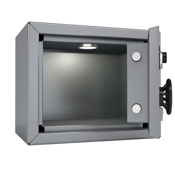 Opened metal safe. Isolated render on a white background