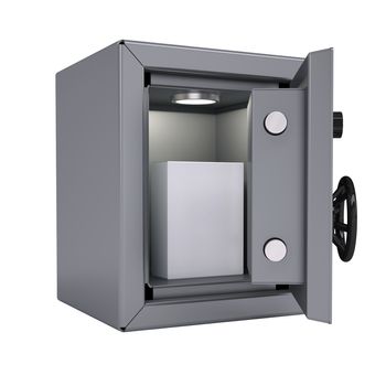 White box in an open metal safe. Box illuminated lamp. Isolated render on a white background