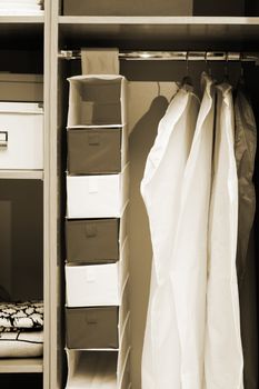 Clothes and towels in a wooden case