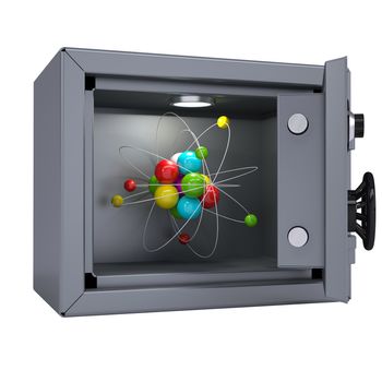Molecule in an open metal safe. Molecule illuminated lamp. Isolated render on a white background