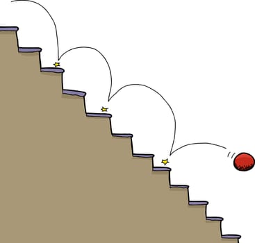 Bouncing red ball falling down staircase over white background