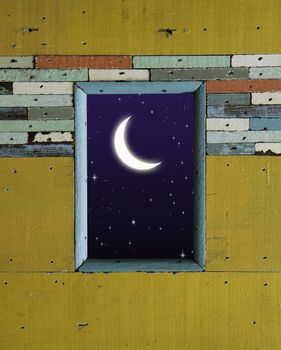 old colorful wood wall with moon and star