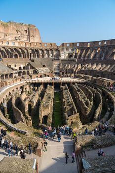 View of the Colosseum ruins in Rome, inside the arena