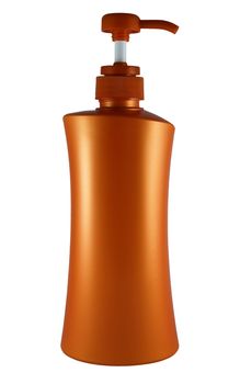 Plastic bottle of skin care product on white background