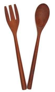 Wooden kitchen utensils set, isolated on white.