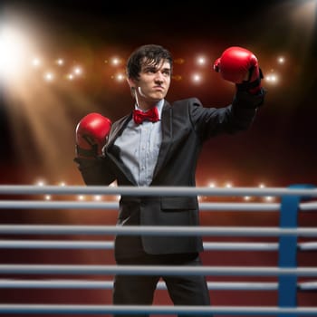 image of a businessman with boxing gloves in the ring, the competition in the business