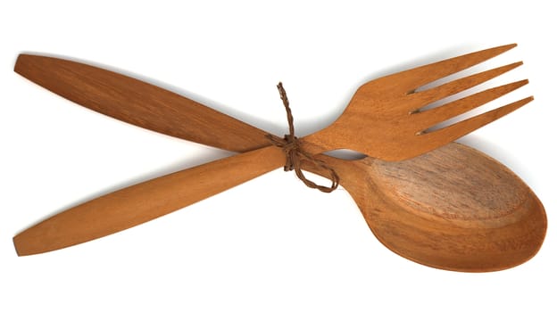 Wooden fork spoon, isolated on white
