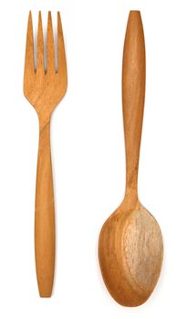 Wooden fork spoon, isolated on white