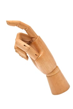 wooden hand touching virtual screen. Isolated on white.