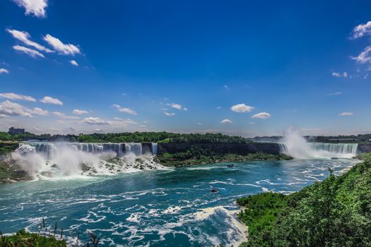 The view of the Niagra falls from the canadian side on a beautiful sunny day in Ontario, Canada.