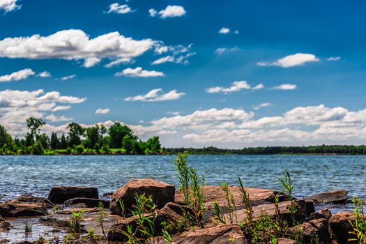 An amazing landcape of the nature containing a lake and a beautiful blue sky. The wild nature of Ontario, Canada.